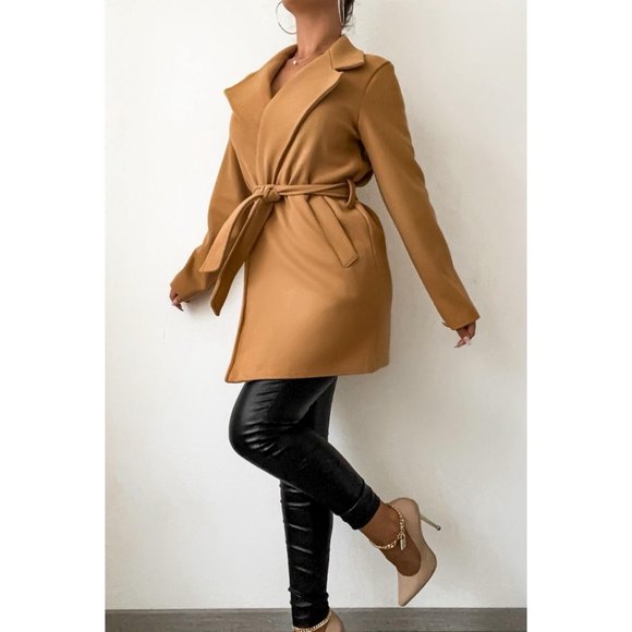 Camel Wool Blend Long Sleeve Belted Coat - Picture 6 of 11